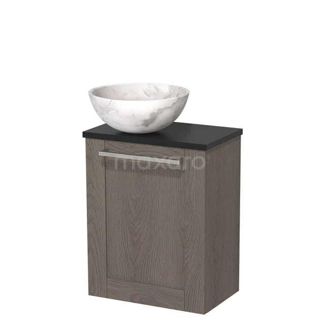 WC-Möbel mit Aufsatzwaschbecken | 41 cm Dunkelbraune Eiche Rahmenfront Weißer Marmor Aufsatzwaschbecken aus Naturstein Matt Schwarz Platte TMK10-10204 Badschrank mit Holzoptik, schwarzer Platte und marmoriertem Aufsatzwaschbecken; kompaktes Design ideal für moderne Bäder.