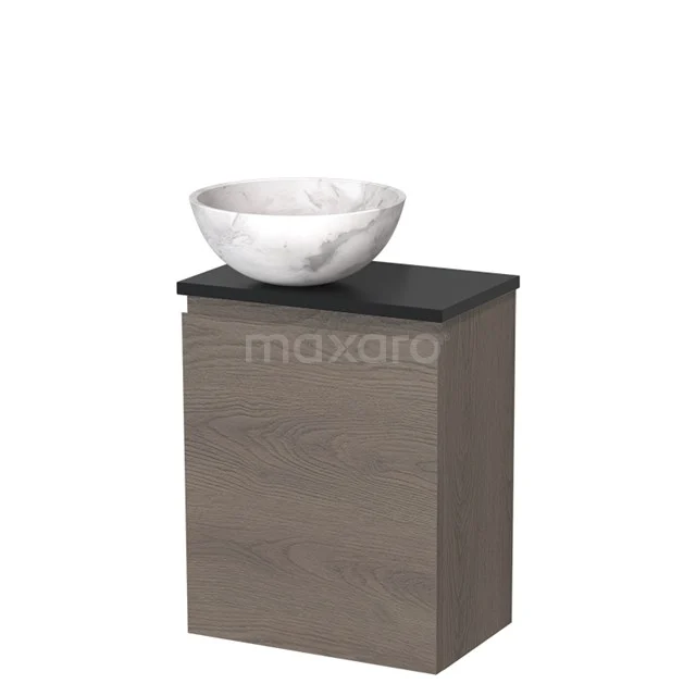 Toiletmeubel met waskom | 41 cm Donkerbruin eiken Greeploos front Wit marmer Natuursteen waskom Mat zwart blad TMK10-10205