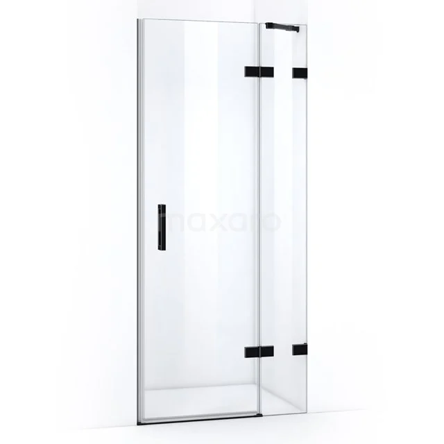 Glasene Duschtür mit matt schwarzen Scharnieren, minimalistisches Design, perfekt für einen modernen Badezimmerstil.