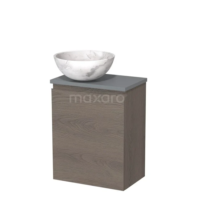 Compact wooden bathroom unit with grey basin worktop and round marble countertop wash basin; stylish and modern design.