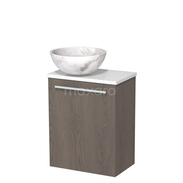 Toilet unit with countertop wash basin | 41 cm Dark brown oak Flat front White marble Natural stone countertop wash basin High-gloss white worktop TMK10-10215