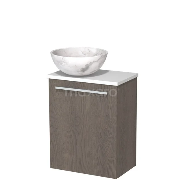 Toiletmeubel met waskom | 41 cm Donkerbruin eiken Vlak front Wit marmer Natuursteen waskom Mat wit blad TMK10-10223