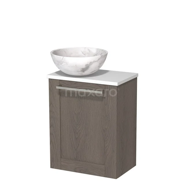 WC-Möbel mit Aufsatzwaschbecken | 41 cm Dunkelbraune Eiche Rahmenfront Weißer Marmor Naturstein Aufsatzwaschbecken Matt Weiß Platte TMK10-10224 Hölzerner Badschrank mit marmoriertem Aufsatzwaschbecken, kompaktes Design und integrierter Stauraum, ideal für moderne Bäder.