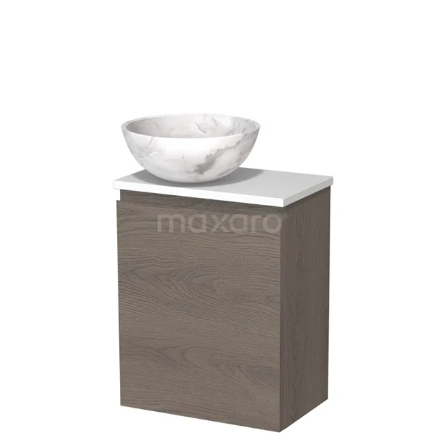Toilet unit with countertop wash basin | 41 cm Dark brown oak Handleless front White marble Natural stone countertop wash basin Matte white worktop TMK10-10226