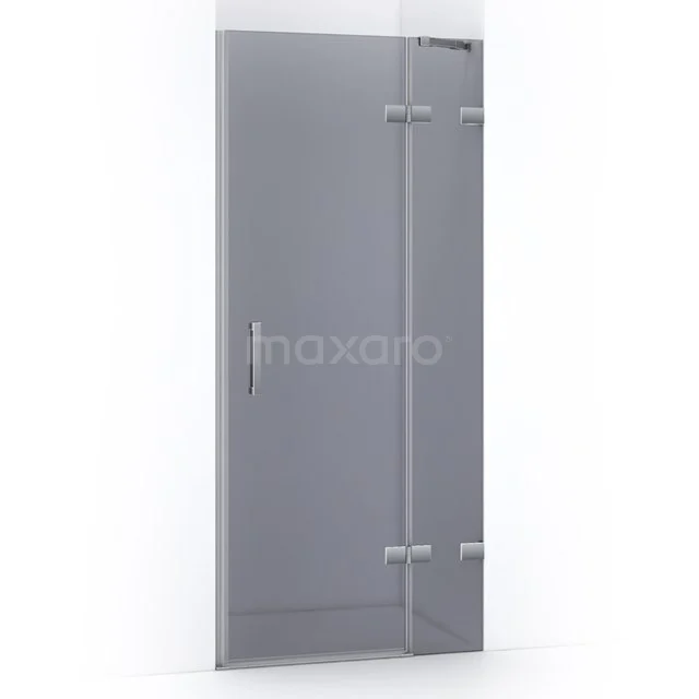 Glass shower door with frosted silver hinges, clean styling and modern design, perfect for a stylish bathroom.