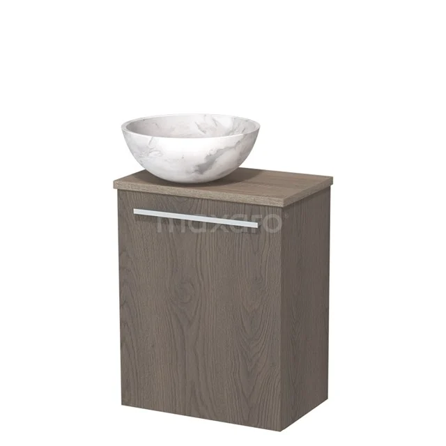 Toiletmeubel met waskom | 41 cm Donkerbruin eiken Vlak front Wit marmer Natuursteen waskom Eiken blad TMK10-10235