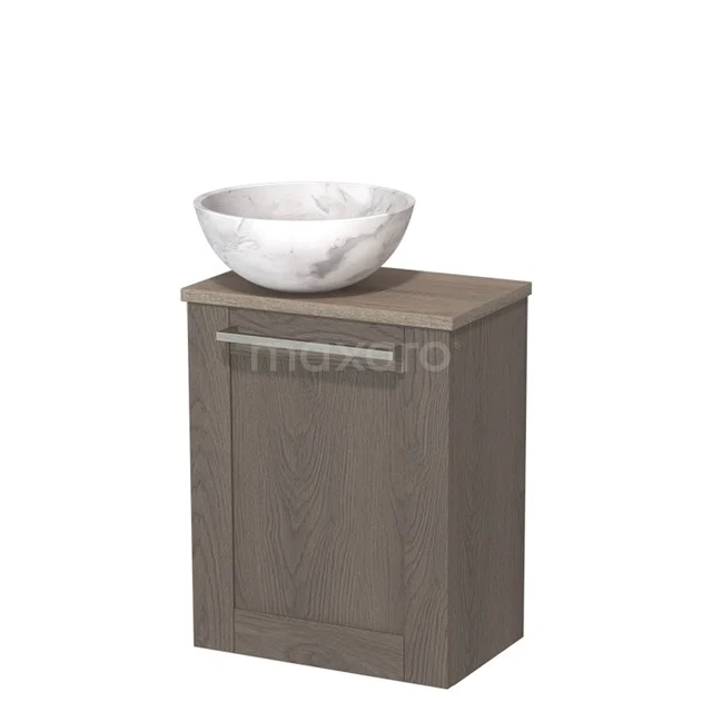 WC-Möbel mit Aufsatzwaschbecken | 41 cm Dunkelbraune Eiche Rahmenfront Weißer Marmor Naturstein Aufsatzwaschbecken Platte aus Eiche TMK10-10236 Waschtisch in Holzoptik mit Marmorausführung, kompaktes Badezimmerdesign, praktischer Stauraum, ideal für kleine Bäder.