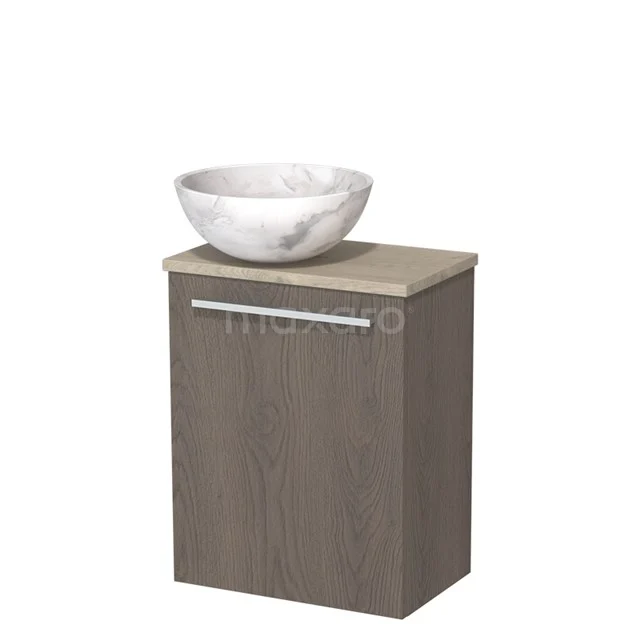 WC-Möbel mit Aufsatzwaschbecken | 41 cm dunkelbraune Eiche glatte Front Weißer Marmor Naturstein Aufsatzwaschbecken hellgraue Eiche TMK10-10239 Holz-Badschrank mit Marmor-Aufsatzwaschbecken, grauer Ausführung und modernem Griffdesign. Perfekt für moderne Badezimmergestaltung.