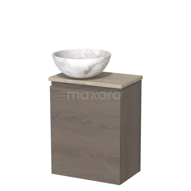 Toilet unit with countertop wash basin | 41 cm Dark brown oak Handleless front White marble Natural stone countertop wash basin Light grey oak worktop TMK10-10241