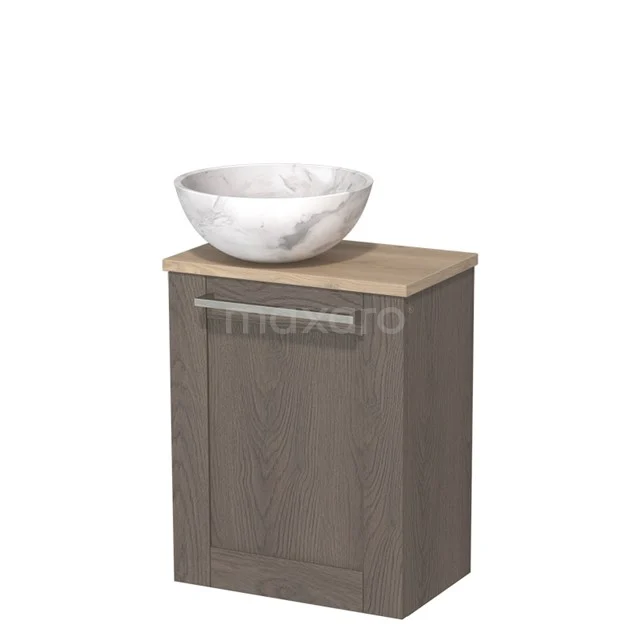 WC-Möbel mit Aufsatzwaschbecken | 41 cm Dunkelbraune Eiche Rahmenfront Weißer Marmor Naturstein Aufsatzwaschbecken Hellbraune Eiche Platte TMK10-10244 Kompakte Holz-Badmöbel mit grauter Tür und keramischem Aufsatzwaschbecken, ideal für stilvollen und effizienten Einsatz in kleinen Bädern.