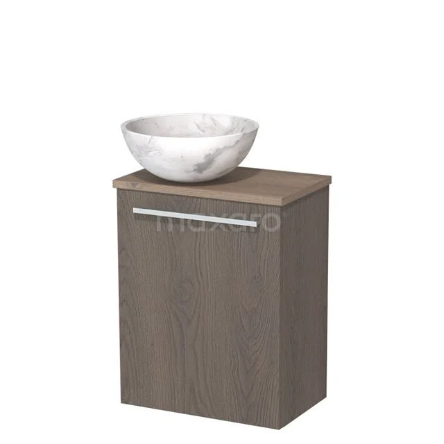 WC-Möbel mit Aufsatzwaschbecken | 41 cm Dunkelbraune Eiche Glatte Front Weißer Marmor Naturstein Aufsatzwaschbecken Mittelbraune Eiche Platte TMK10-10247 Kompakte Holz-Waschbeckenunterschrank mit marmoriertem Aufsatzwaschbecken, ideal für stilvolle Badezimmerlagerung.