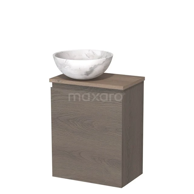 WC-Möbel mit Aufsatzwaschbecken | 41 cm Dunkelbraune Eiche Grifflose Front Weißer Marmor Naturstein Aufsatzwaschbecken Mittelbraune Eiche Platte TMK10-10249 Holz-Badschrank mit Waschbecken aus weißem Marmor, kompaktes Design für moderne Bäder.