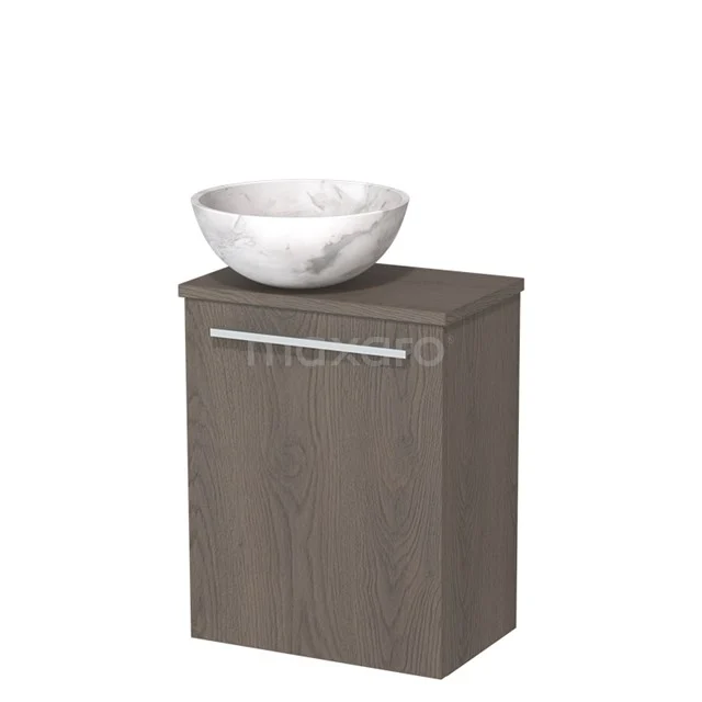 WC-Möbel mit Aufsatzwaschbecken | 41 cm Dunkelbraune Eiche Glatte Front Weißer Marmor Naturstein Aufsatzwaschbecken Dunkelbraune Eiche Platte TMK10-10251 Moderne Badschrank in Holzoptik mit integrierten Marmor Aufsatzwaschbecken und metallischem Haltegriff, ideal für kompakte Badezimmer.