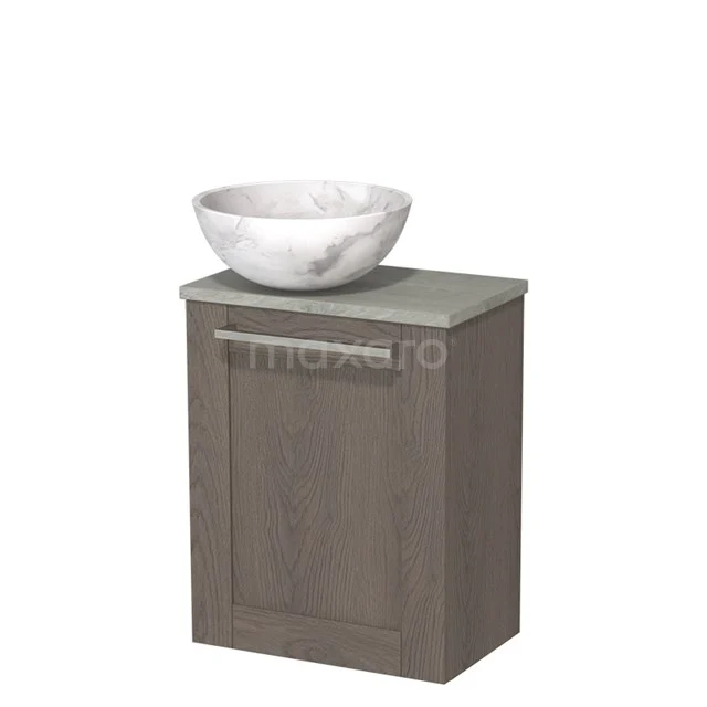 Toiletmeubel met waskom | 41 cm Donkerbruin eiken Kader front Wit marmer Natuursteen waskom Grijs eiken blad TMK10-10256