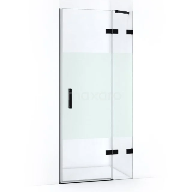 Glass shower door with frosted glass and black hinges, perfect for a modern bathroom style.