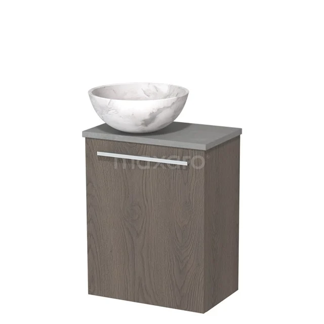 Toilet unit with countertop wash basin | 41 cm Dark brown oak Flat front White marble Natural stone countertop wash basin Light grey concrete worktop TMK10-10263