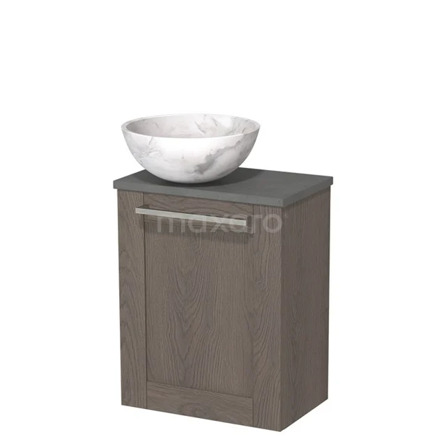 WC-Möbel mit Aufsatzwaschbecken | 41 cm Dunkelbraune Eiche Rahmenfront Weißer Marmor Naturstein Aufsatzwaschbecken Dunkelgrauer Beton Platte TMK10-10268 Holz Badschrank mit grauer Oberseite, keramischem rundes Waschbecken und modernem Haltegriff, ideal für kompakte Badezimmer.