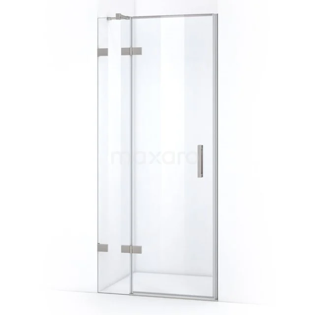 Glass shower door with hinges, sleek design, clear glass, ideal as a modern bathroom solution.