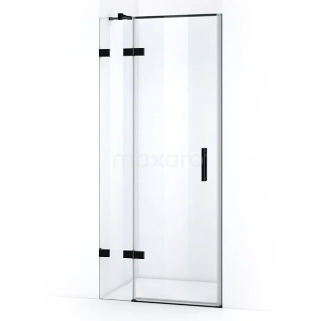 Quartz Shower door | 90 cm Matte black Clear glass Pivot door WQB63410M Glass shower door with black hinges, minimalist design for modern bathrooms, made of clear tempered glass.