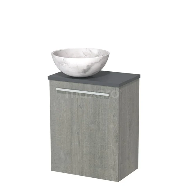 WC-Möbel mit Aufsatzwaschbecken | 41 cm Graue Eiche Glatte Front Weißer Marmor Aufsatzwaschbecken aus Naturstein Dunkelgrau TMK10-10283 Grauer hängender Badschrank mit schwarzer Platte und rundem Marmor Aufsatzwaschbecken, kompaktes Design für moderne Bäder.