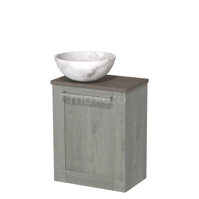 Grey bathroom cabinet with wood look, marble countertop wash basin and sleek design, perfect for modern bathroom interiors.