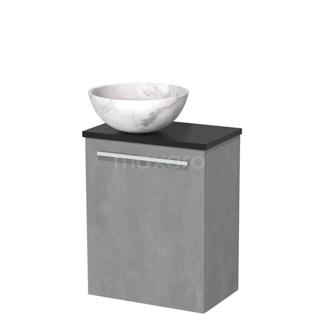 Toiletmeubel met waskom | 41 cm Lichtgrijs beton Vlak front Wit marmer Natuursteen waskom Mat zwart blad TMK10-10305