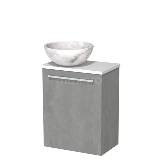 Grijze badkamerkast met witte marmeren wastafel, compact ontwerp, ideaal voor moderne badkamers.