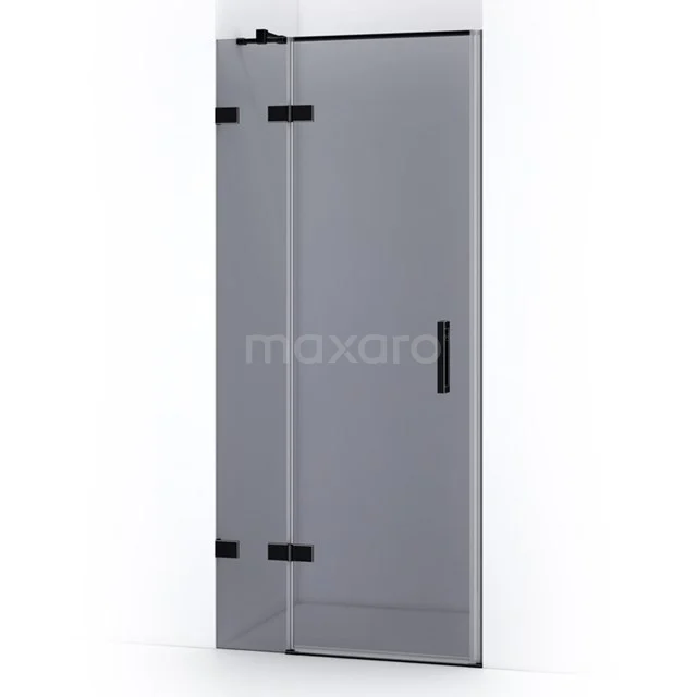 Shower door with black profile, clear glass and hinges; modern style and ideal for a stylish bathroom.