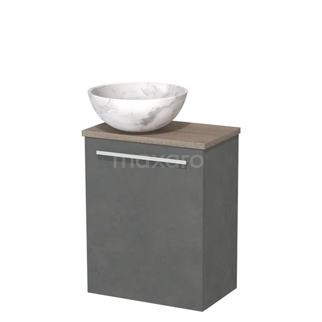 Grijze badkamermeubelset met houtlookblad en rond wit marmeren waskom, compact model ideaal voor moderne badkamers.