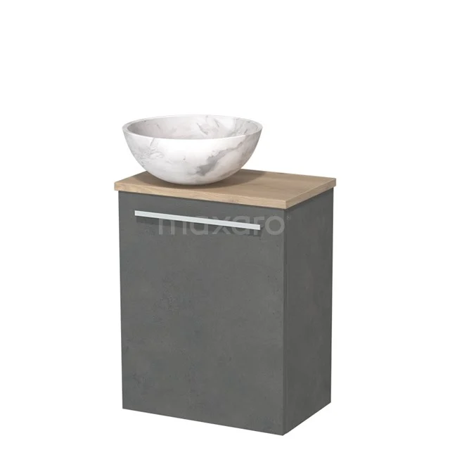 Grijs badkamermeubel met houtlook blad en witte marmeren waskom, modern design voor een stijlvolle badkamer.