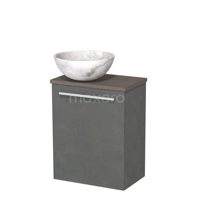 Grijze badkamerkast met houten bovenblad en marmeren waskom, compact design, ideaal voor moderne badkamerinrichtingen.