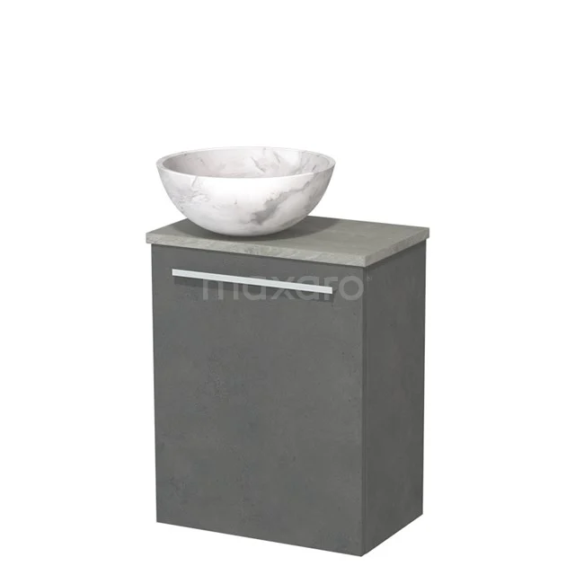 Grijze badkamermeubelset met marmeren waskom, modern design en opbergruimte, ideaal voor een stijlvolle badkamer inrichting.