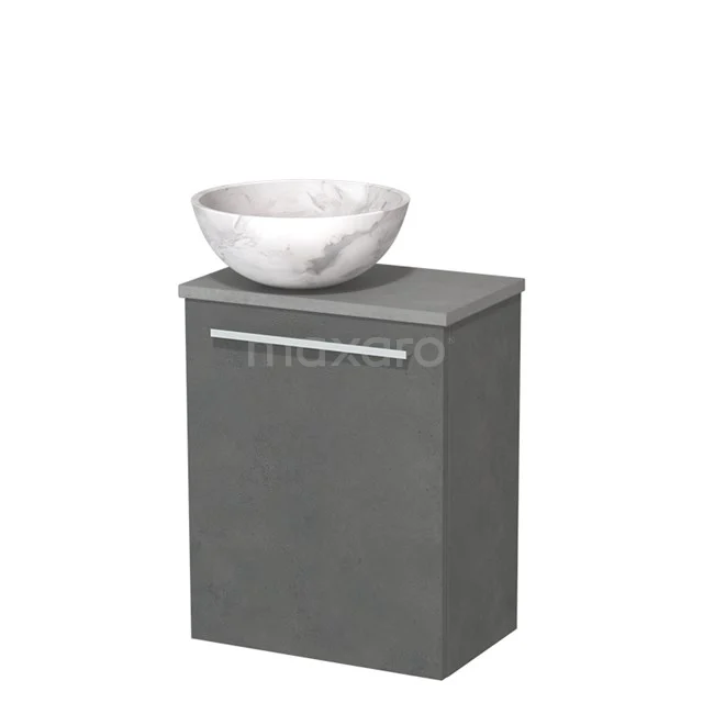 Grijze badkamerkast met lade en opbouw waskom van wit marmer, modern design voor een stijlvolle badkameruitstraling.