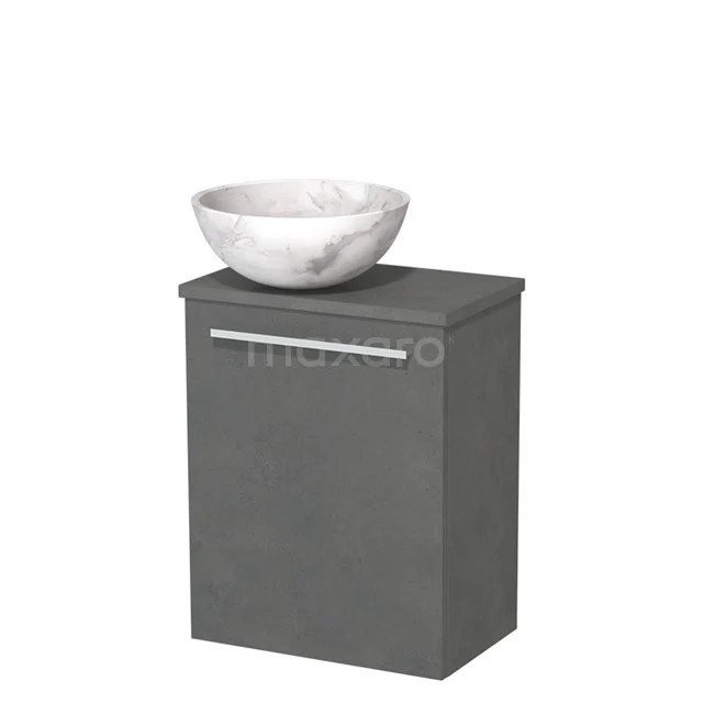 Grijs houten badkamermeubel met witte ronde waskom en metalen handvat, ideaal voor moderne badkamerinrichting.