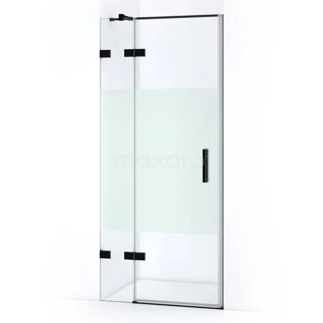 Klarer Glas-Duschtür mit schwarzen Metallscharnieren, minimalistisches Design, ideal für moderne Bäder.