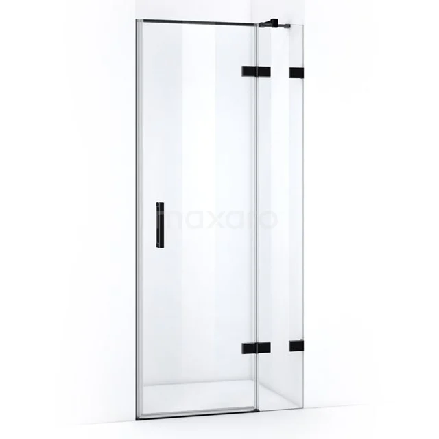 Glass shower door with black metal hinges and minimalist design, ideal for a modern bathroom style.