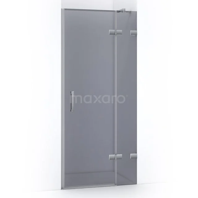 Glass shower door, frosted glass grey, sleek design with metal hinges and Handle, ideal for a modern bathroom.