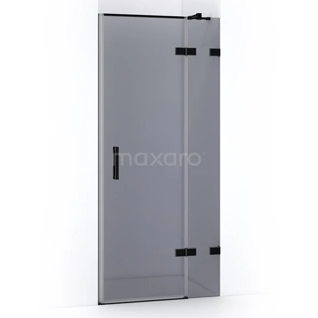 Black shower door with sleek design, clear glass and hinges, perfect for modern bathroom decor.