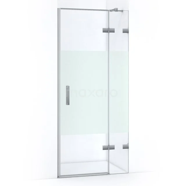 Glas Duschtür mit Scharnieren, Klarglas, Aluminiumrahmen und mattem Milchglasdetail, ideal für ein modernes Badezimmer.