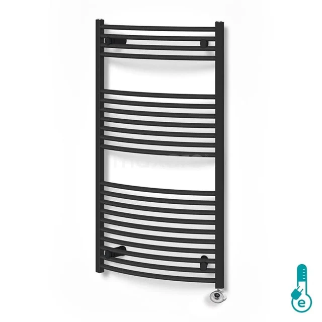 Black curved towel radiator made of metal, ideal for bathroom heating and stylish towel storage.
