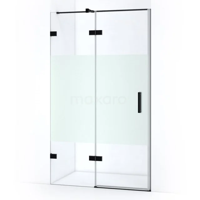 Quartz Shower door | 120 cm Matte black Clear with matt strip Pivot door WQB66413M Glass shower screen with black metal hinges, matte white band pattern and clean lines, ideal for a modern bathroom.
