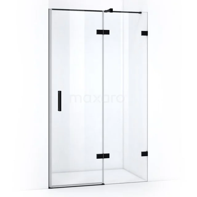 Glass shower door with black hinges and handle, modern design for sleek bathroom style.