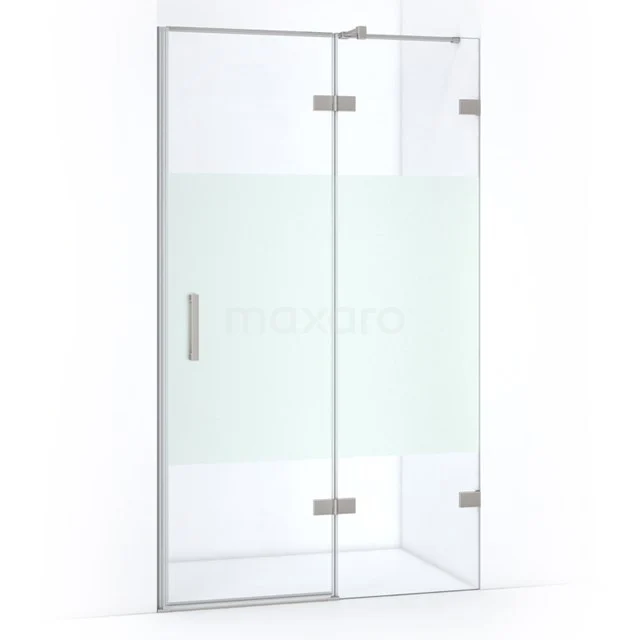 Shower screen with frosted glass strip, silver hinges and handle, ideal for a modern bathroom.