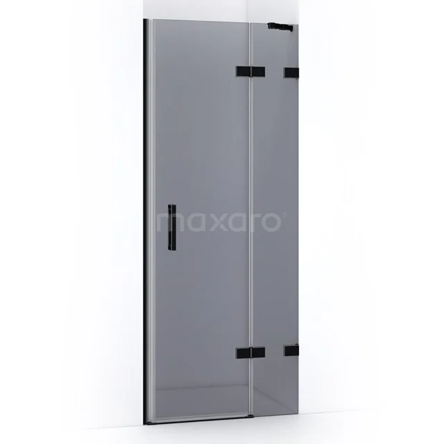 Modern glass shower door with black metal hinges, suitable for stylish bathroom design.