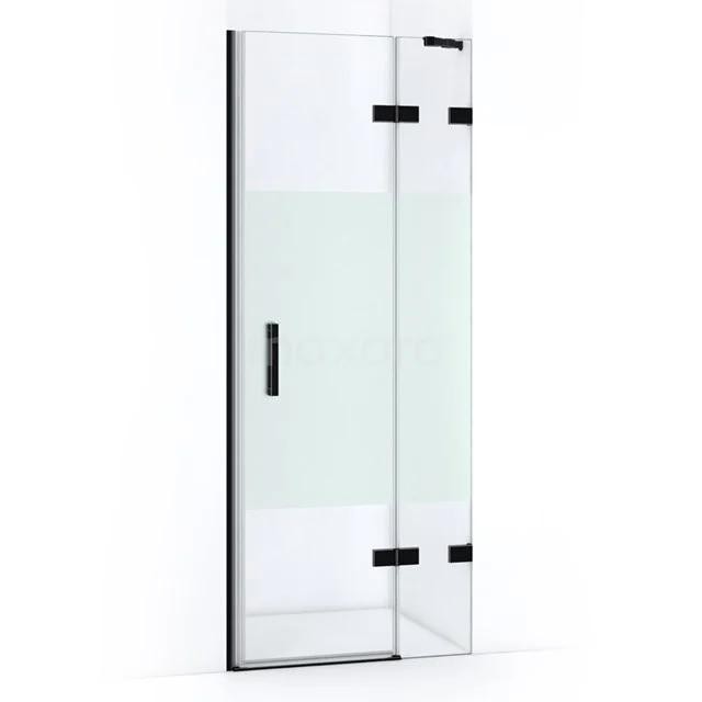 Shower door with clear glass, black metal accents and hinges, ideal for a modern bathroom style.