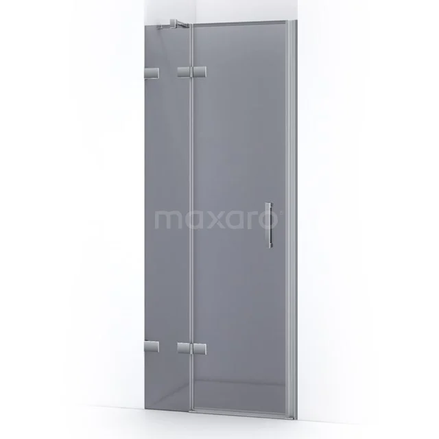 Glass shower door with frosted glass in grey, minimalist design and stainless steel hinges, ideal for modern bathrooms.