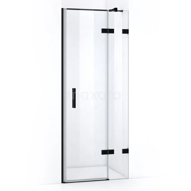 Glass shower door with matte black accents, rotating design, ideal for a modern bathroom.