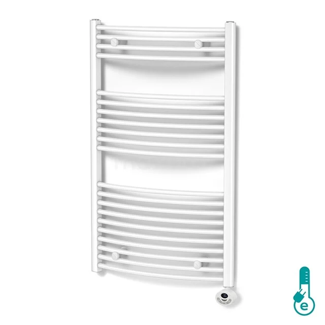 White curved towel radiator with horizontal, round tubes for the bathroom, suitable for both heating and drying.