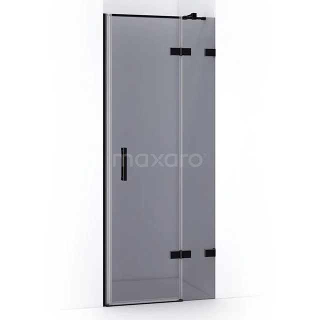 Matte black shower door with clear glass, adjustable hinges and sleek design, ideal for modern bathroom style.