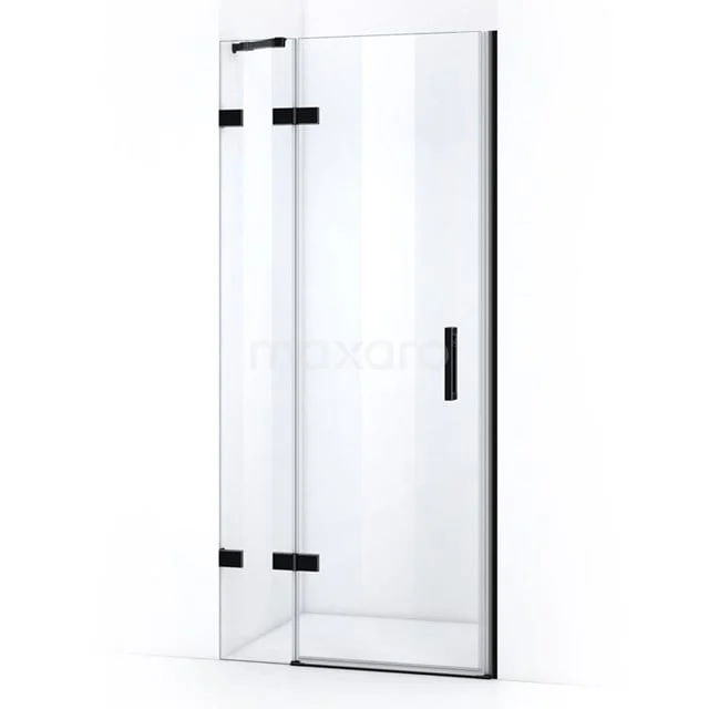 Glass shower door with black metal accents, modern design and swivel mechanism, perfect for a stylish bathroom.